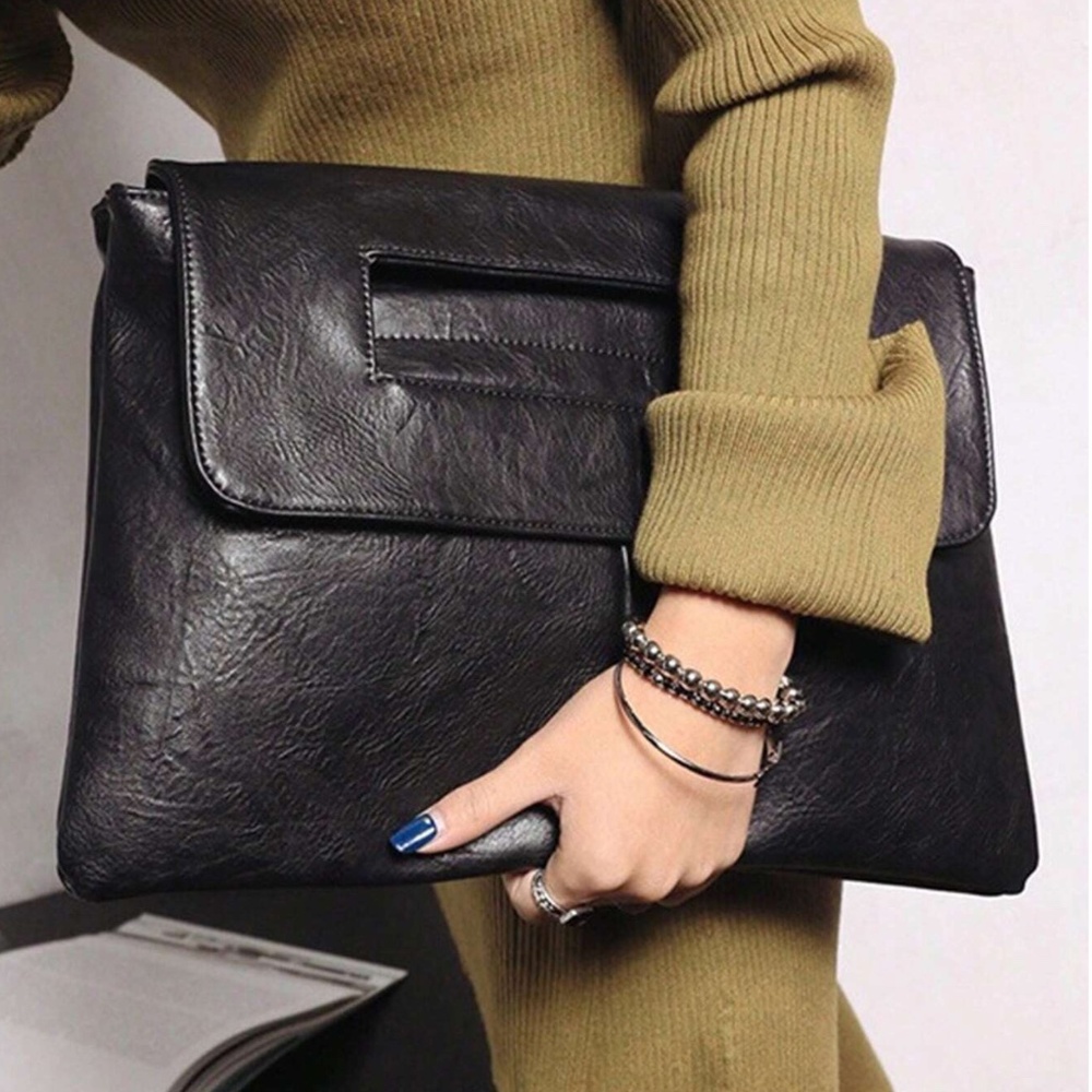 Luxe Black Vegan Leather Clutch Shoulder Crossbody Bag - Picture 4 of 6